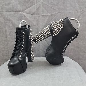 Jeffrey Campbell Silver Spike Lita Black Leather Platform Booties SZ 6m